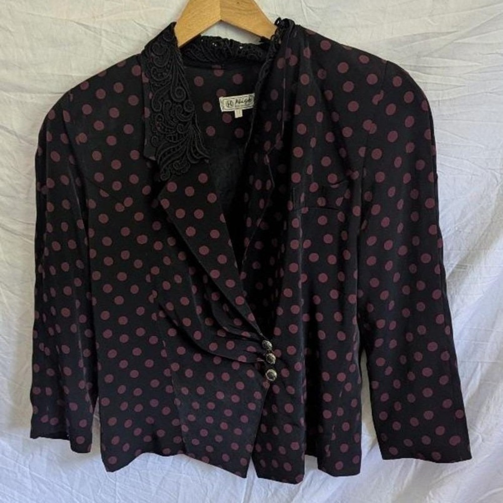 Vtg Polka Dot Blazer Lace Collar Asymmetrical Button Black Burgundy‎ Whimsigoth